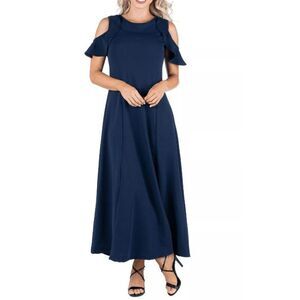 24Seven Comfort Apparel Women's Blue Ruffle Cold Shoulder A-Line Formal Dress L